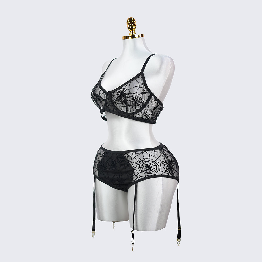 Plus Size Spider Web Sheer Push Up Full Bust Bra Panty Set