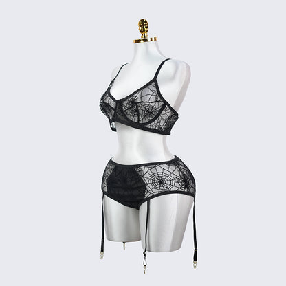 Plus Size Spider Web Sheer Push Up Full Bust Bra Panty Set