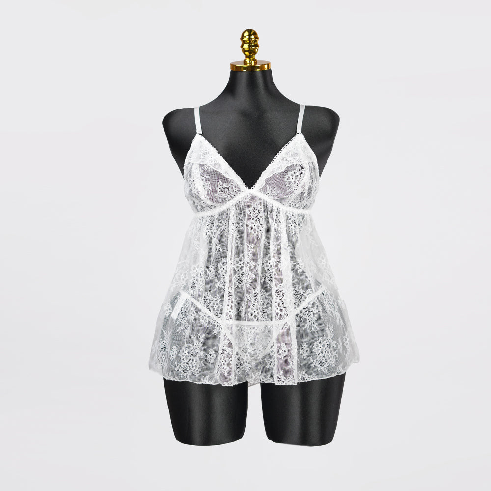 Plus Size White Floral Sheer Mesh Chemise