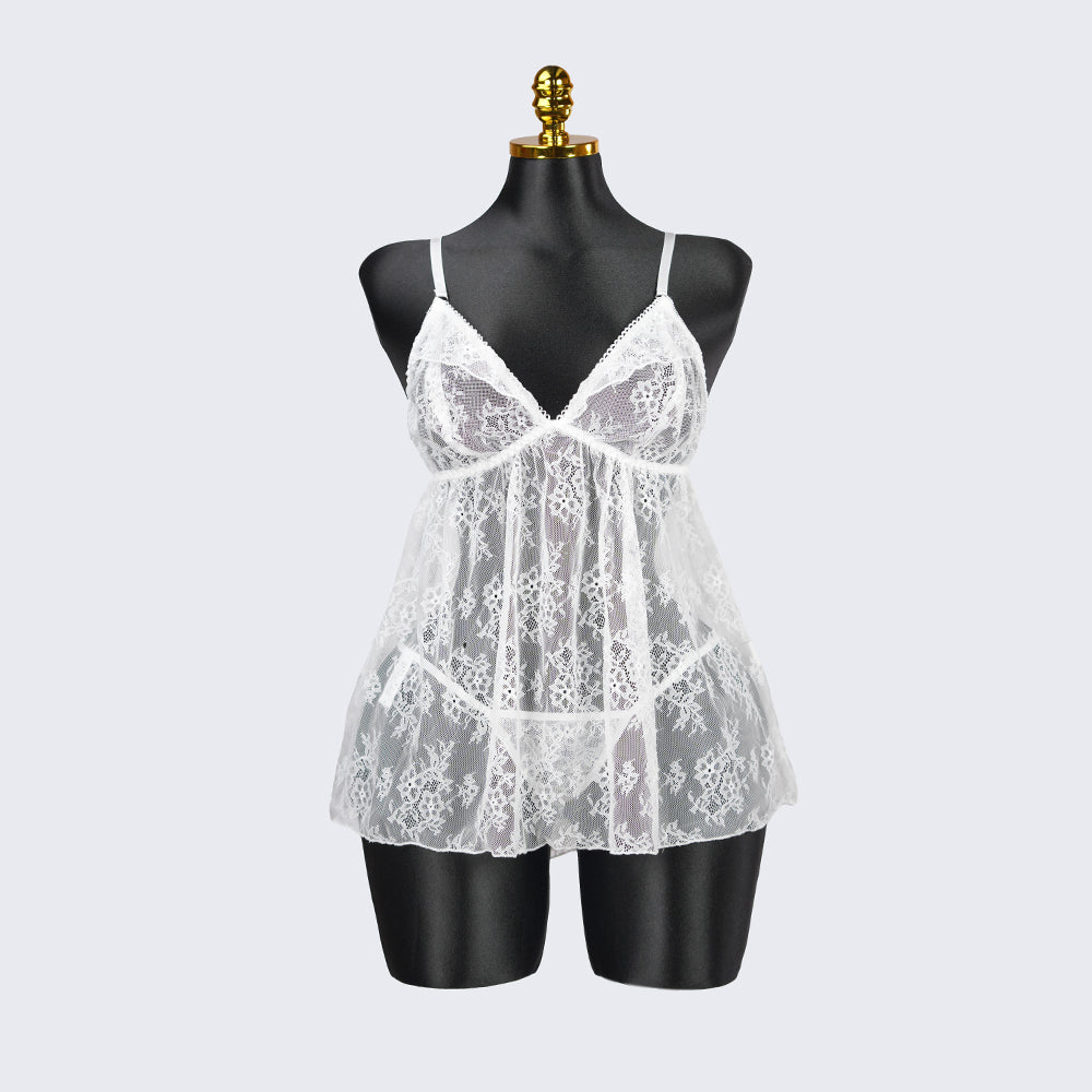 Plus Size White Floral Sheer Mesh Chemise