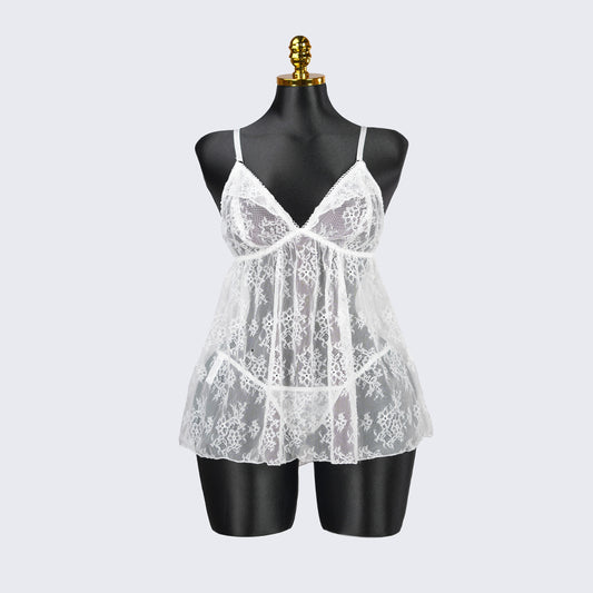 Plus Size White Floral Sheer Mesh Chemise