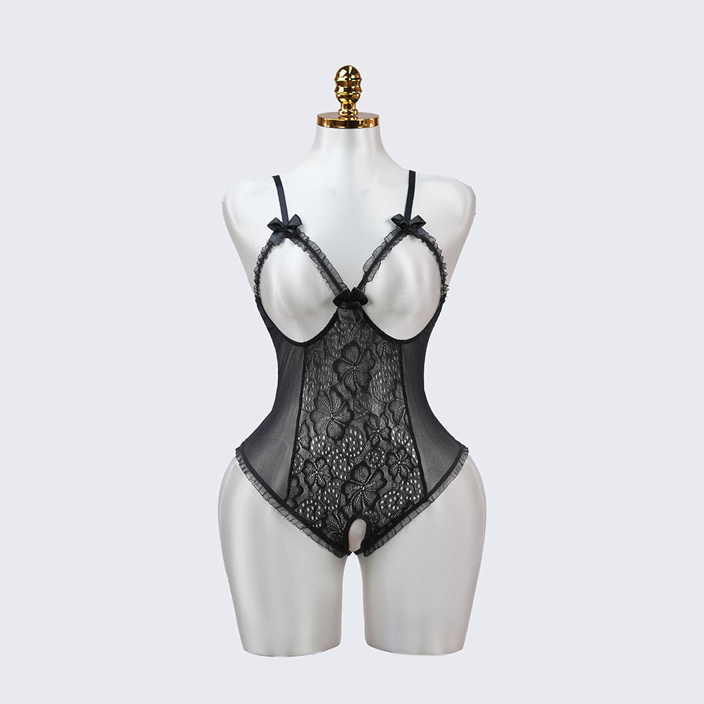 Floral Lace Embroidered Open Crotch Bodysuit