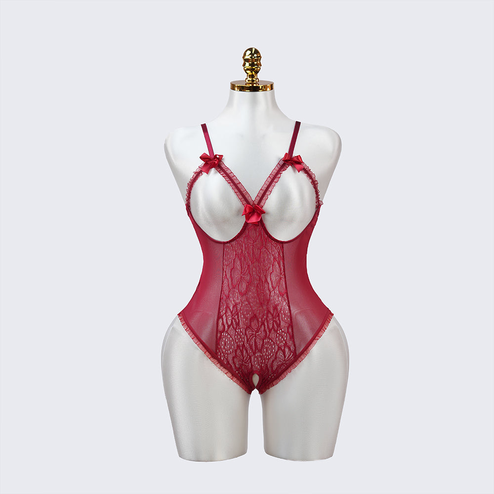 Floral Lace Embroidered Open Crotch Bodysuit