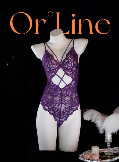 Purple Hollowed-out Lace Bodysuit