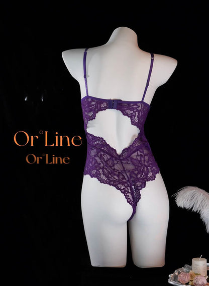 Purple Hollowed-out Lace Bodysuit