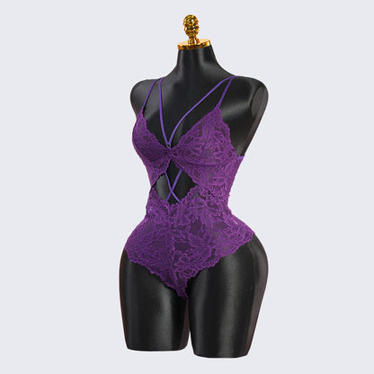Purple Hollowed-out Lace Bodysuit