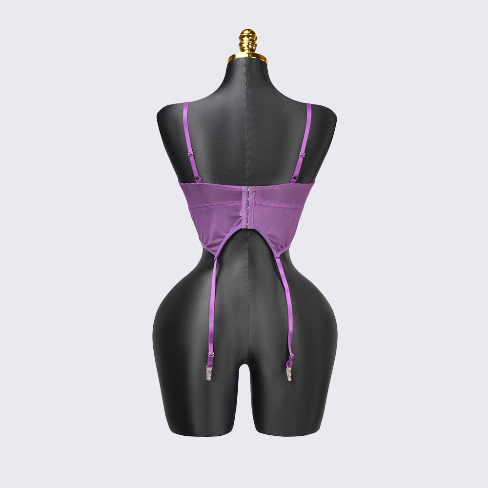 Purple Lace Embroidered Stockings Bra Panty Set