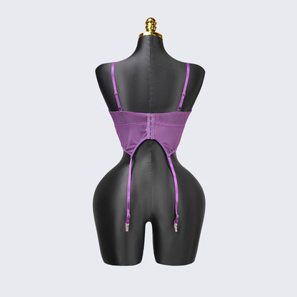 Purple Lace Embroidered Stockings Bra Panty Set