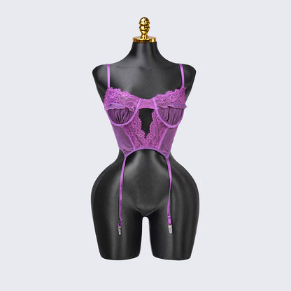 Purple Lace Embroidered Stockings Bra Panty Set