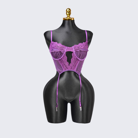 Purple Lace Embroidered Stockings Bra Panty Set