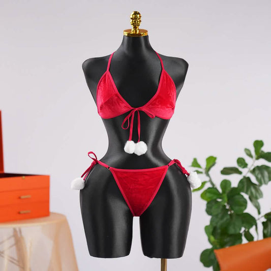Red Velvet Pom-Pom Embellishment Bra & Panty Sets