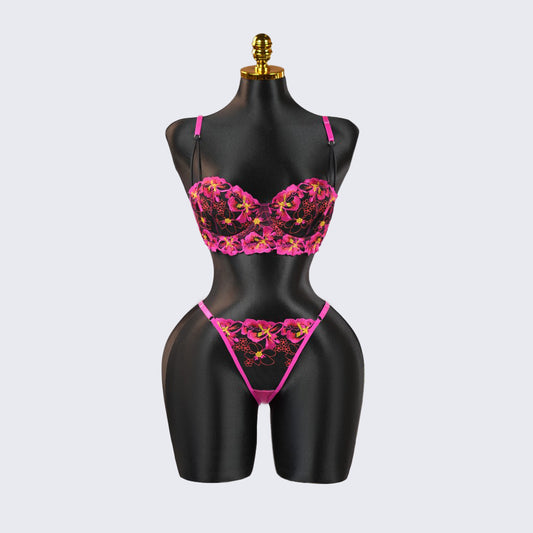 Red Floral Lace Embroidered See-through Bra