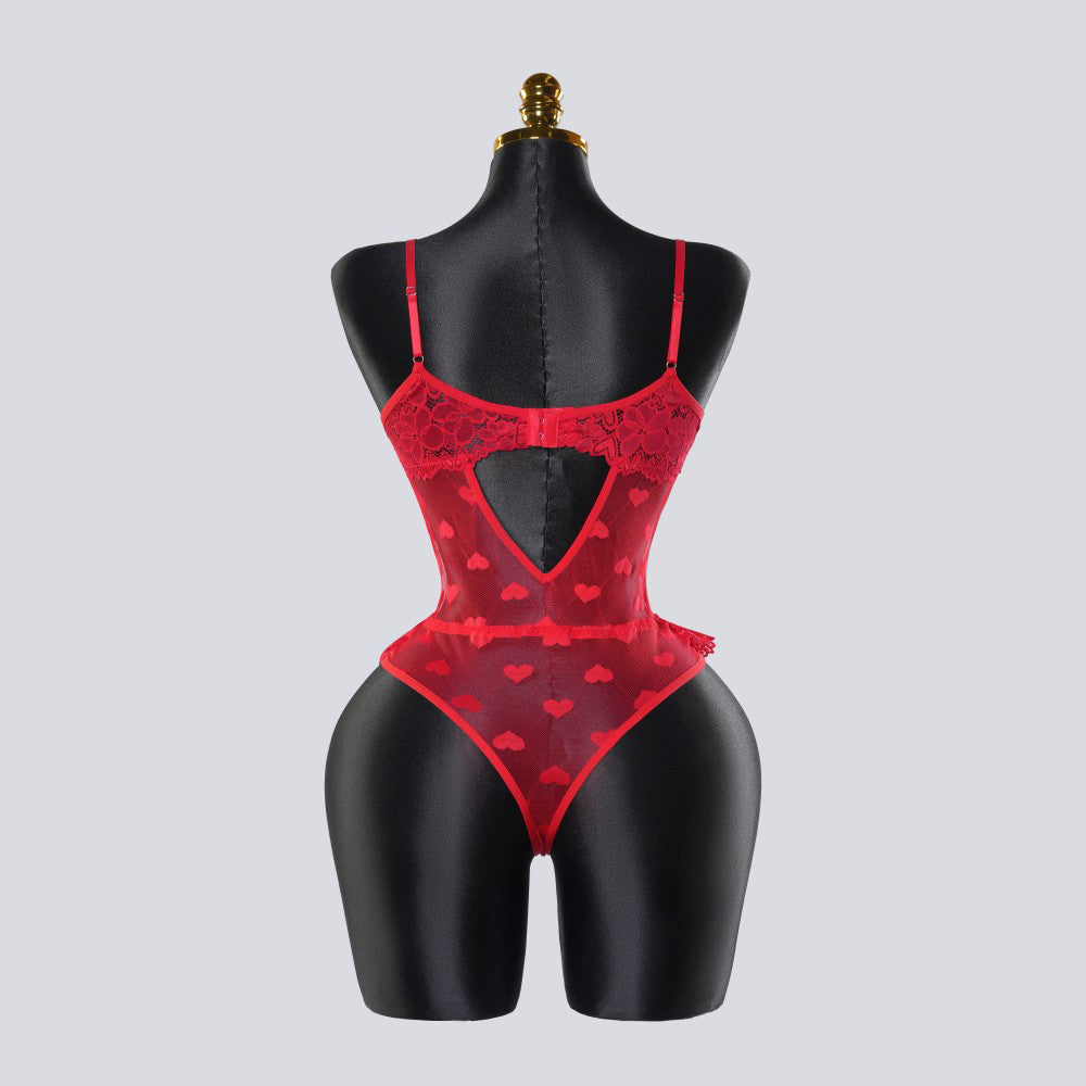 Red Lace Heart Embroidered See-Through Teddy Bodysuit
