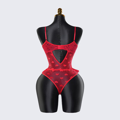 Red Lace Heart Embroidered See-Through Teddy Bodysuit