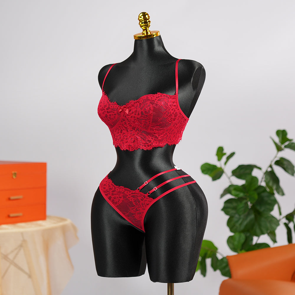 Red Lace Embroidery See-Through Sexy Bra Thong Set