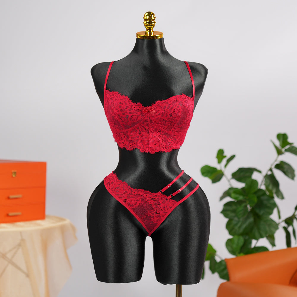 Red Lace Embroidery See-Through Sexy Bra Thong Set