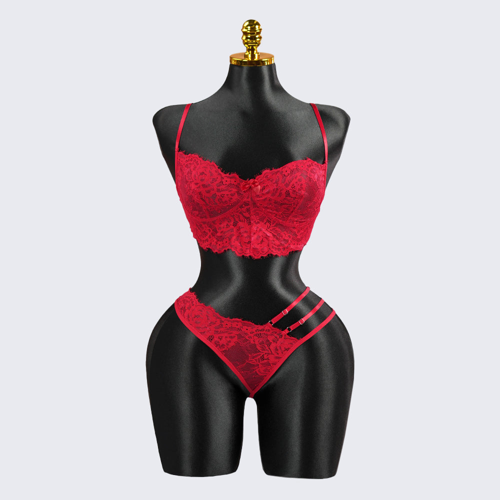 Red Lace Embroidery See-Through Sexy Bra Thong Set