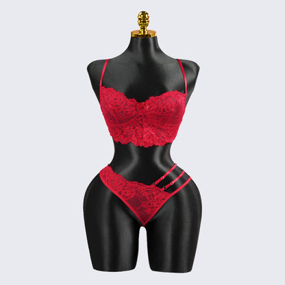 Red Lace Embroidery See-Through Sexy Bra Thong Set