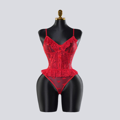 Red Lace Heart Embroidered See-Through Teddy Bodysuit