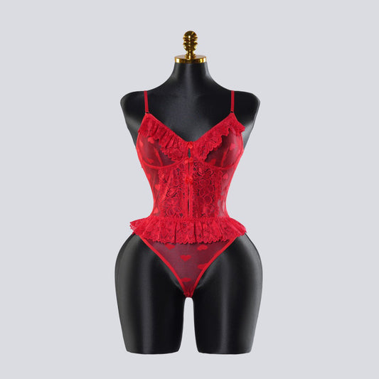 Red Lace Heart Embroidered See-Through Teddy Bodysuit
