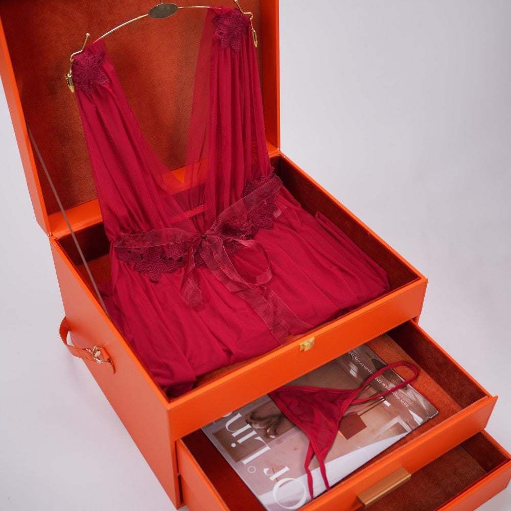 Red Lace See-Through Seduction Dress Panties Set