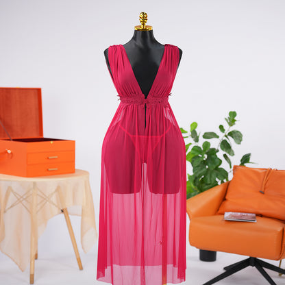 Red Lace See-Through Seduction Dress Panties Set