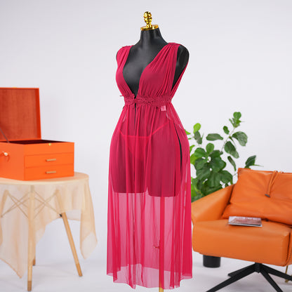 Red Lace See-Through Seduction Dress Panties Set