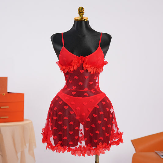 Red See-Through Ruffled Dress