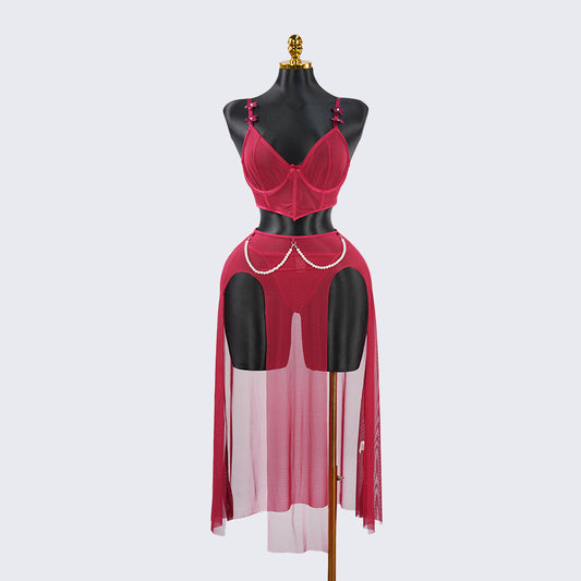 Red Sheer Mesh Lingerie Bra Panty Dress Set
