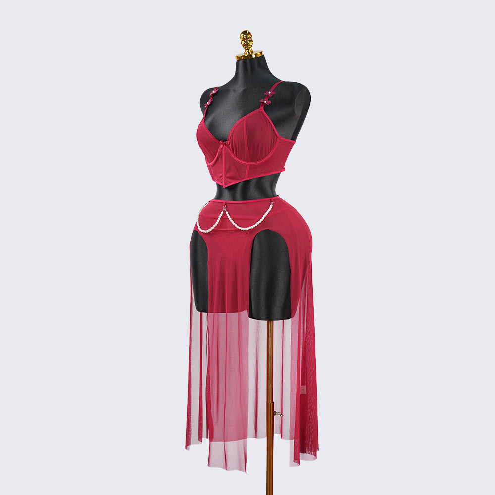 Red Sheer Mesh Lingerie Bra Panty Dress Set