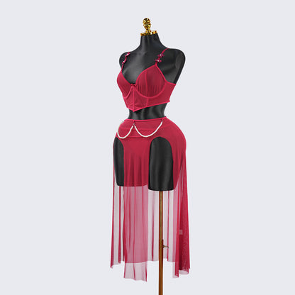 Red Sheer Mesh Lingerie Bra Panty Dress Set
