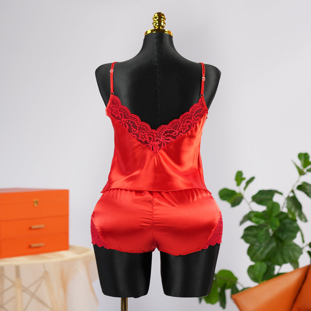 Sexy Red Silk Lace Seduction Exposed Pajamas Set