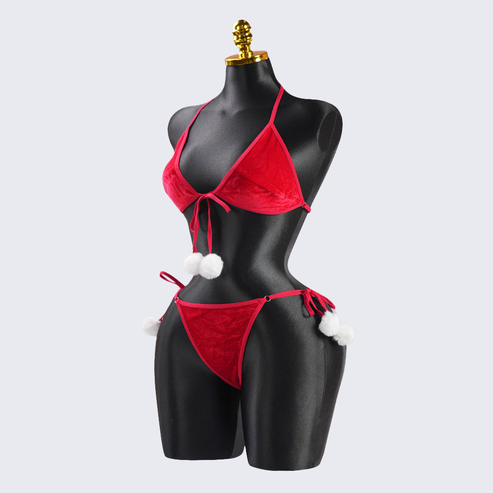 Red Velvet Pom-Pom Embellishment Bra & Panty Set