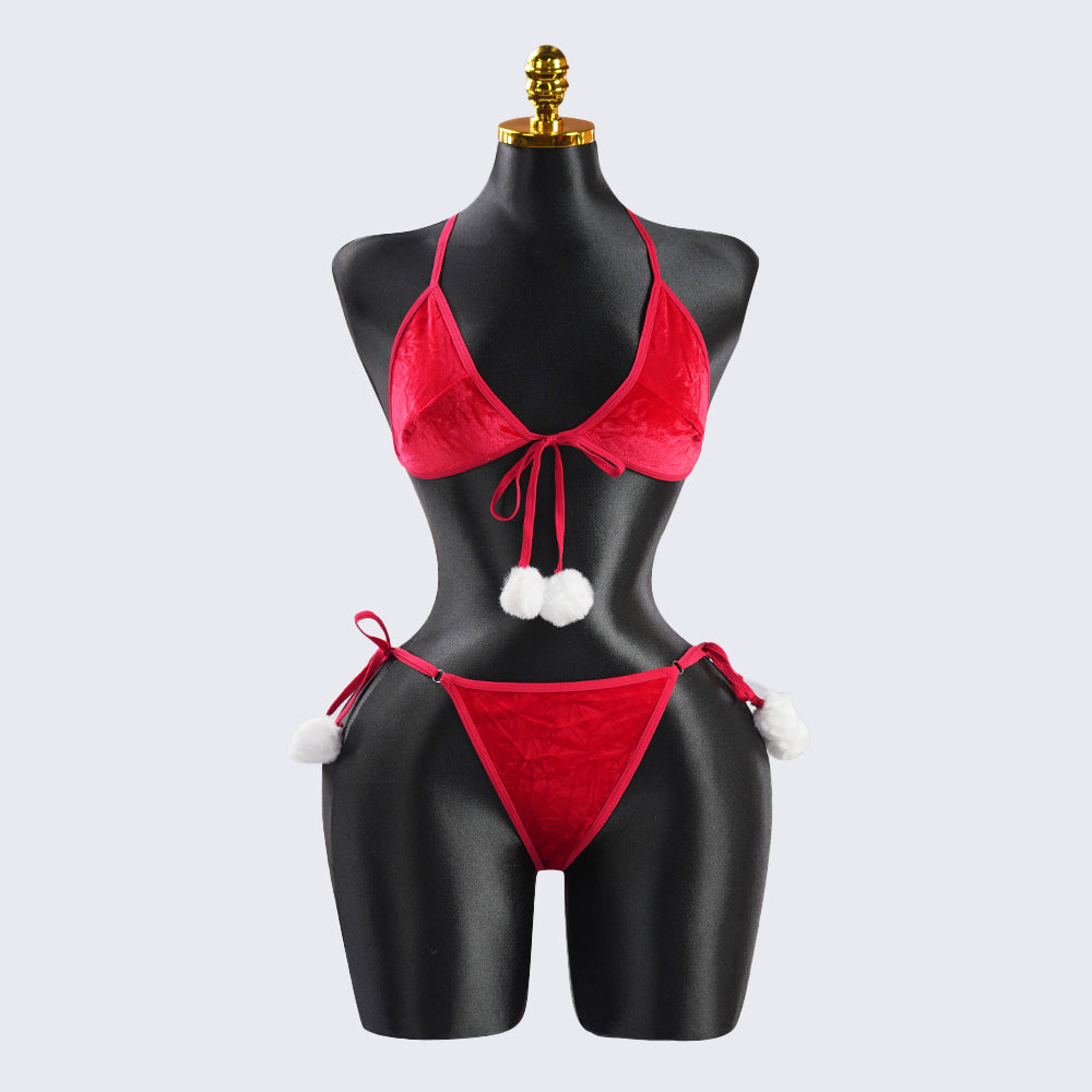 Red Velvet Pom-Pom Embellishment Bra & Panty Set