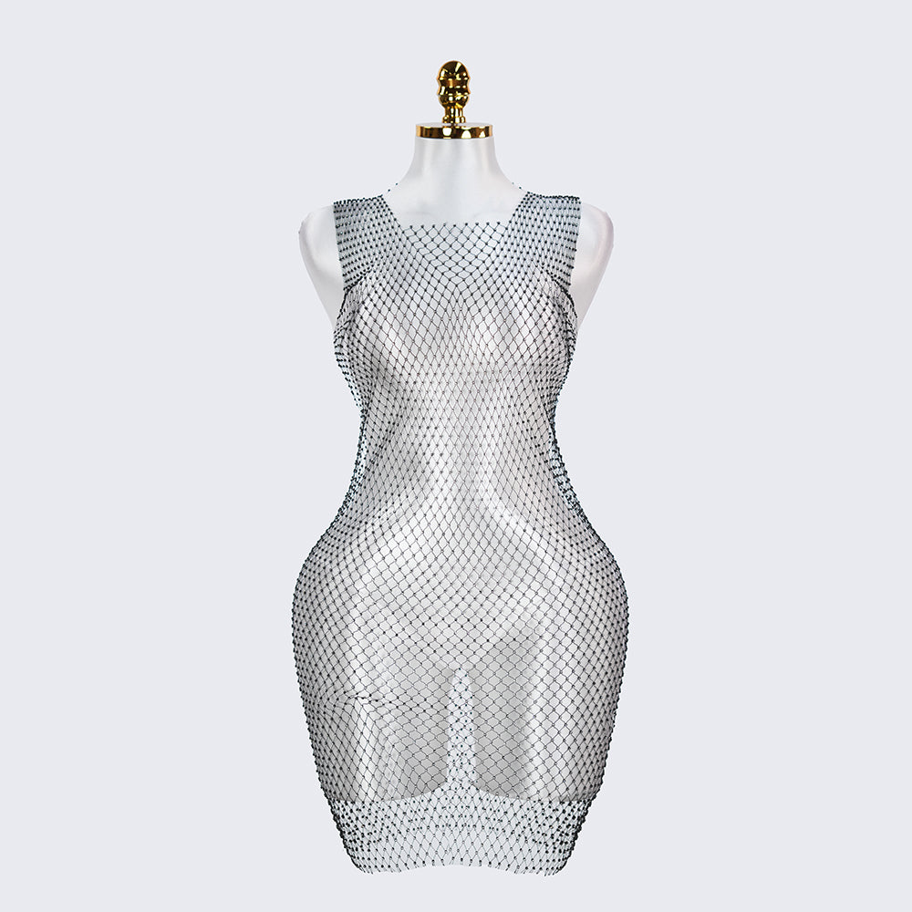Rhinestone Crystal Square Neck Sleeveless Fishnet Dress