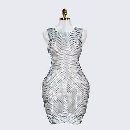 Rhinestone Crystal Square Neck Sleeveless Fishnet Dress