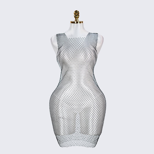 Rhinestone Crystal Square Neck Sleeveless Fishnet Dress