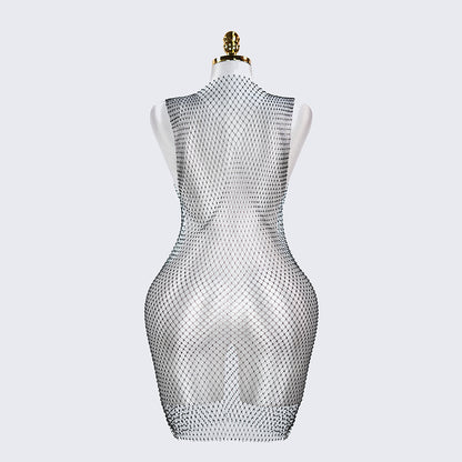 Rhinestone Crystal Square Neck Sleeveless Fishnet Dress