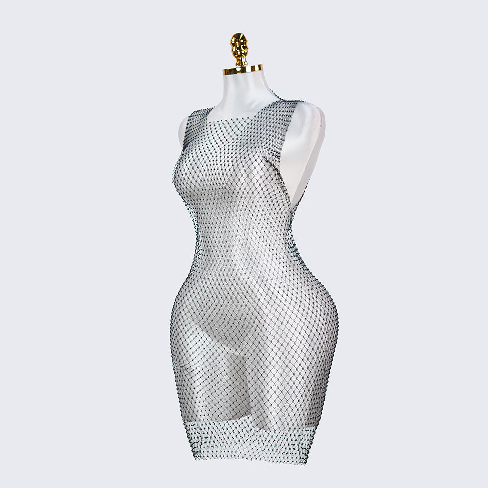 Rhinestone Crystal Square Neck Sleeveless Fishnet Dress