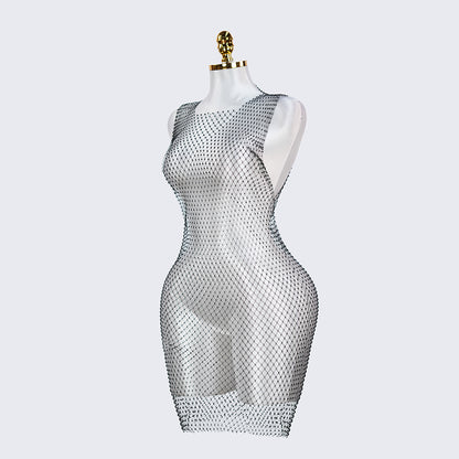Rhinestone Crystal Square Neck Sleeveless Fishnet Dress