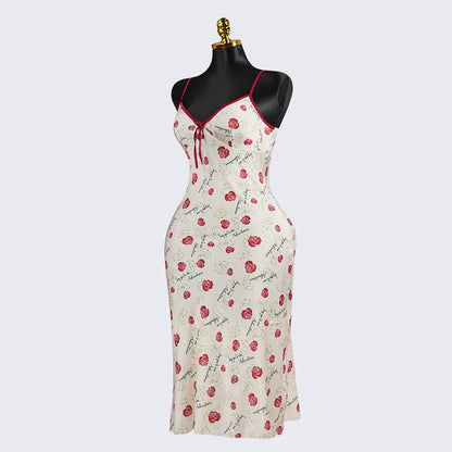 Rose Print Deep V Spaghetti Straps Dress