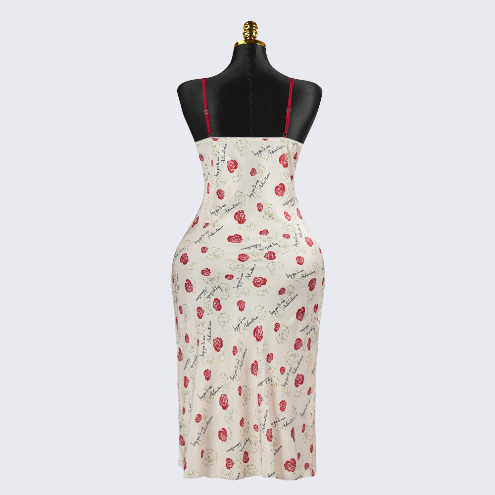 Rose Print Deep V Spaghetti Straps Dress