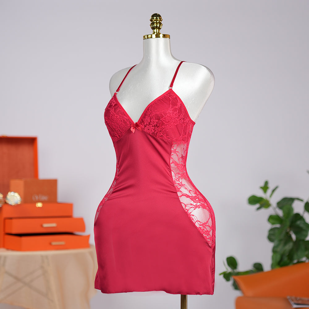 Ruby Romance Red Lace Paneled Spaghetti Strap Nightgown