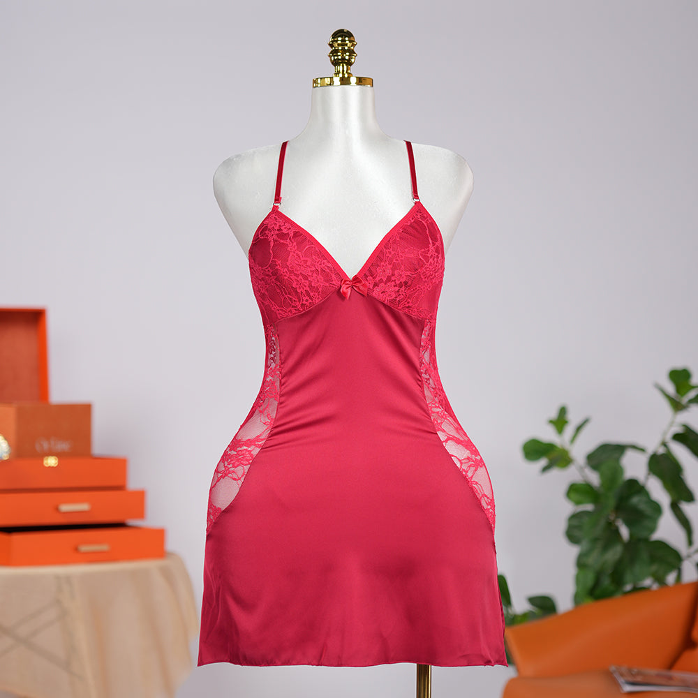Ruby Romance Red Lace Paneled Spaghetti Strap Nightgown