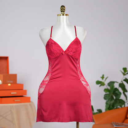 Ruby Romance Red Lace Paneled Spaghetti Strap Nightgown