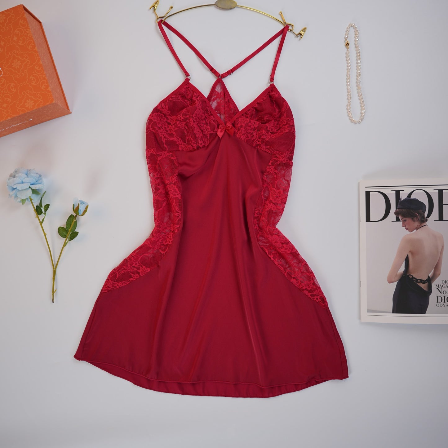 Ruby Romance Red Lace Paneled Spaghetti Strap Nightgown