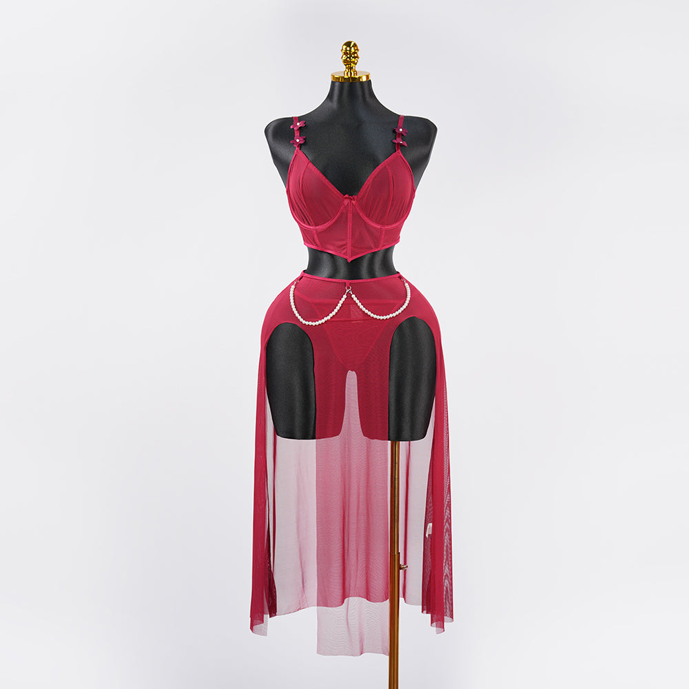 Red Sheer Mesh Lingerie Bra Panty Dress Set