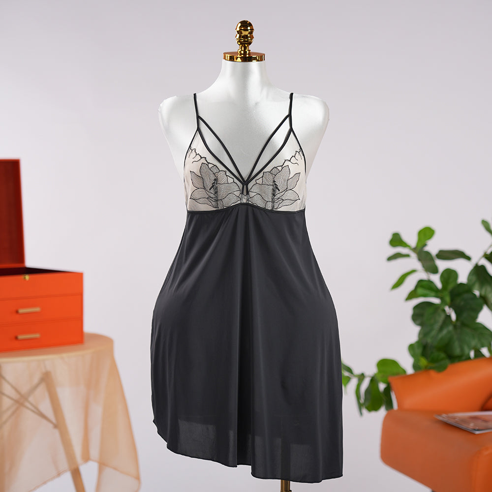 Embroidered Lace Nightgown with Adjustable Spaghetti Straps