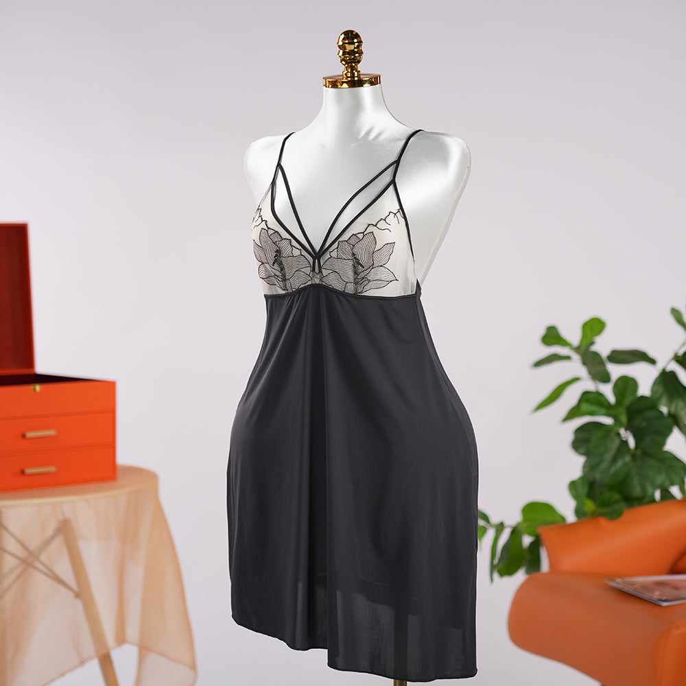 Embroidered Lace Nightgown with Adjustable Spaghetti Straps