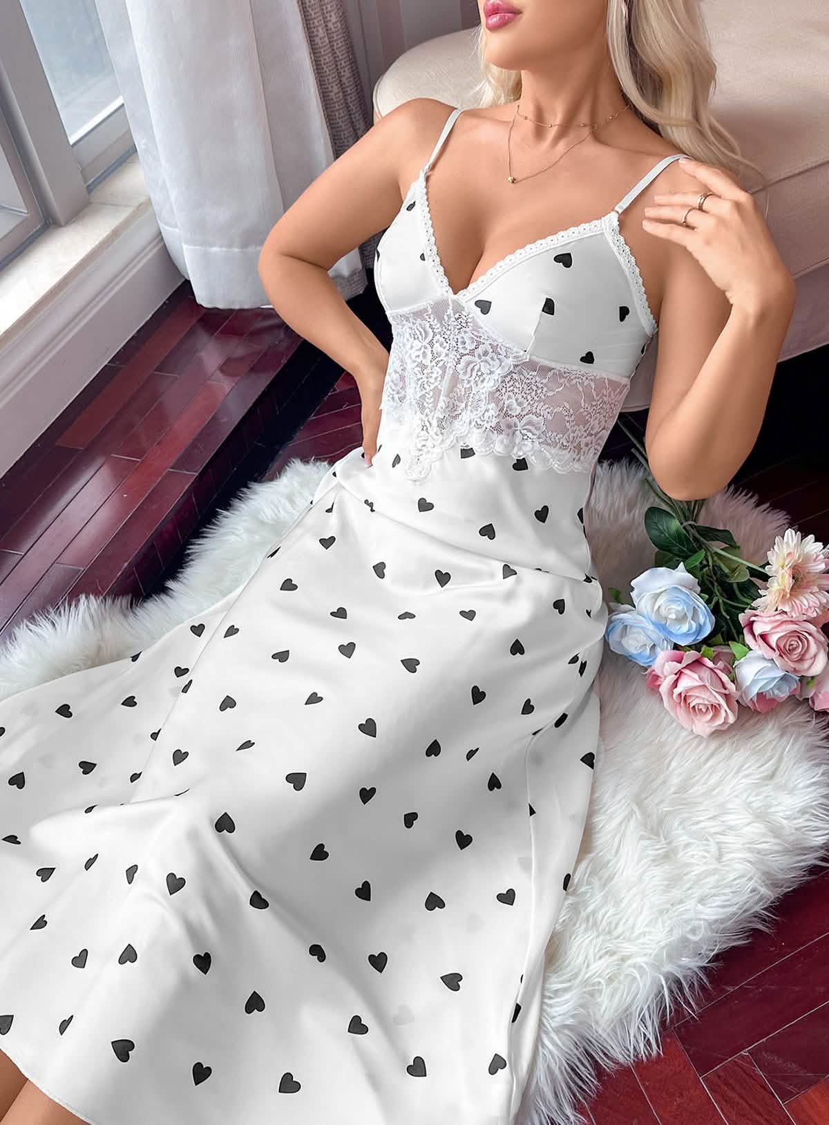 Satin Heart Printed Nightgown